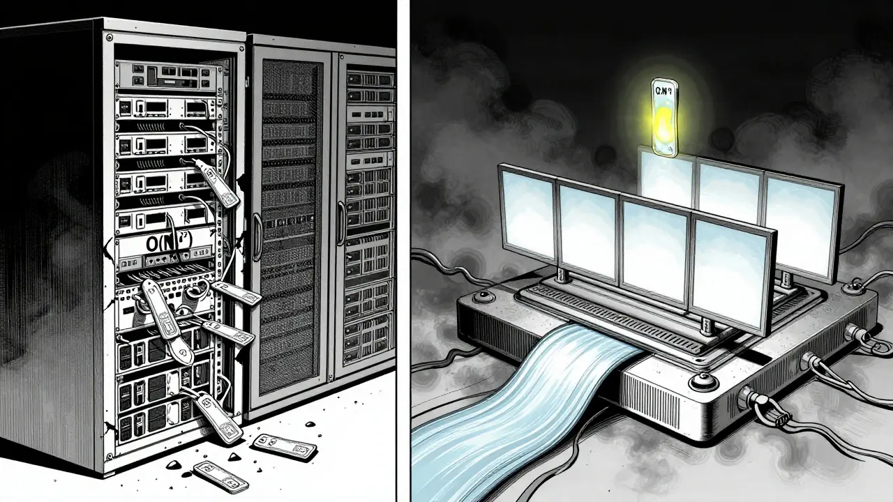 A split scene: one side shows a failing server, the other a sleek neural core with flowing attention windows in stark anime realism.