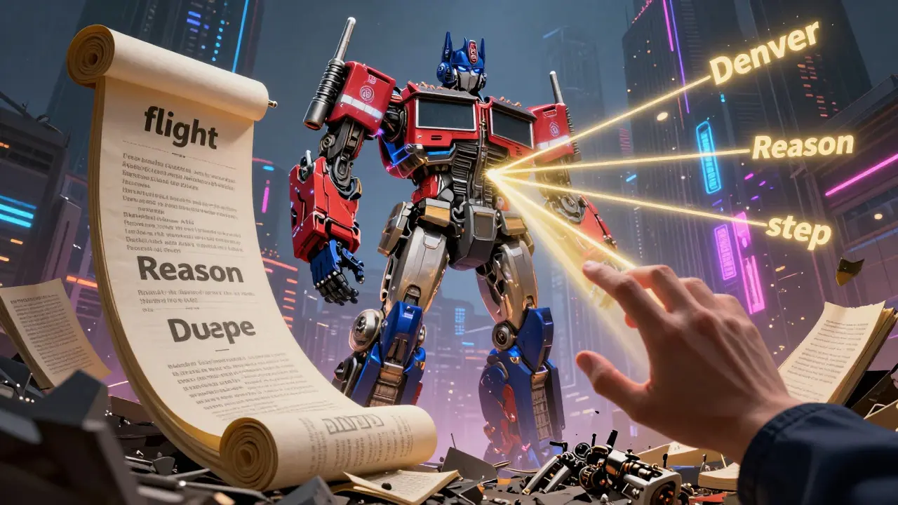 A towering transformer model connects distant words with golden attention beams, overshadowing discarded old AI technologies.