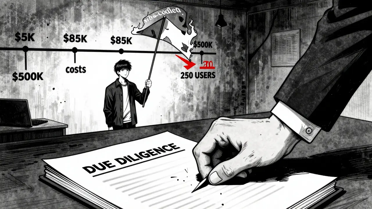 A VC rejects a startup's codebase as the founder holds a burning 'vibe-coded' flag, with cost timeline in background.