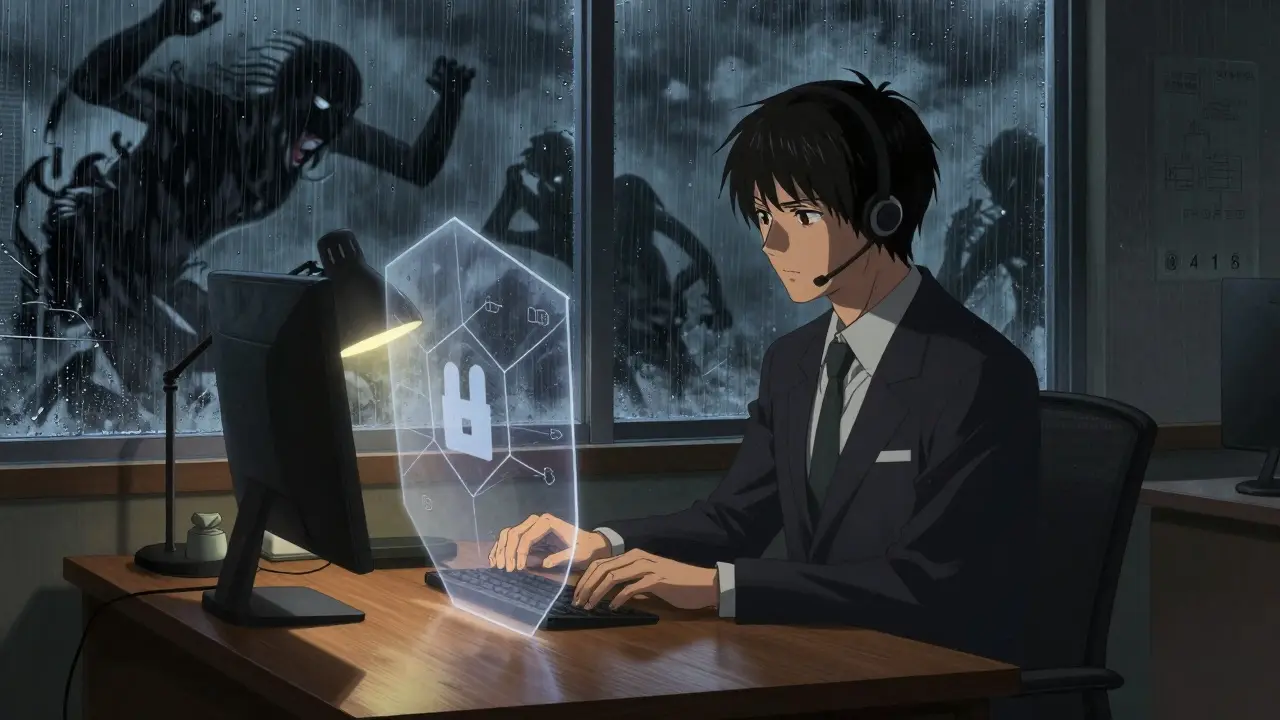 Agent calm at desk shielded from stormy shadows