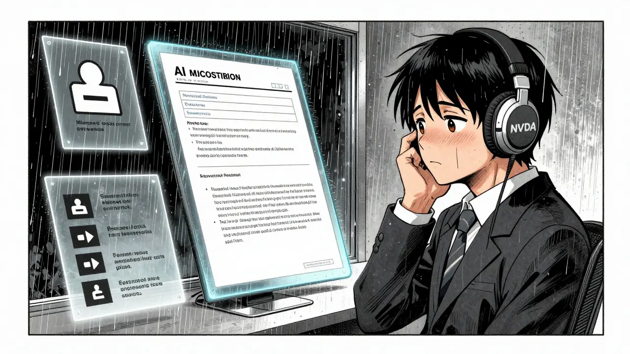 An accessibility specialist testing an AI-generated form with screen reader feedback showing hidden errors.