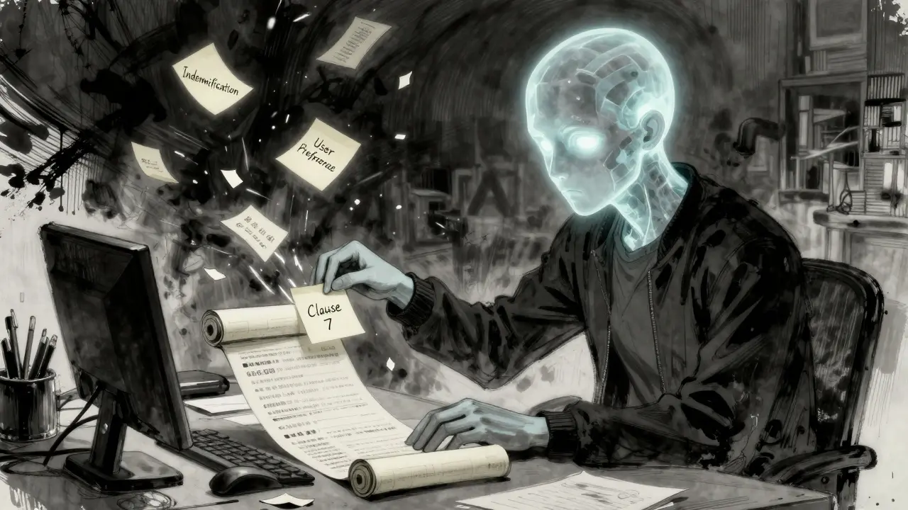 An AI figure placing memory tokens on a long scroll, surrounded by swirling discarded notes in dark, expressive manga style.