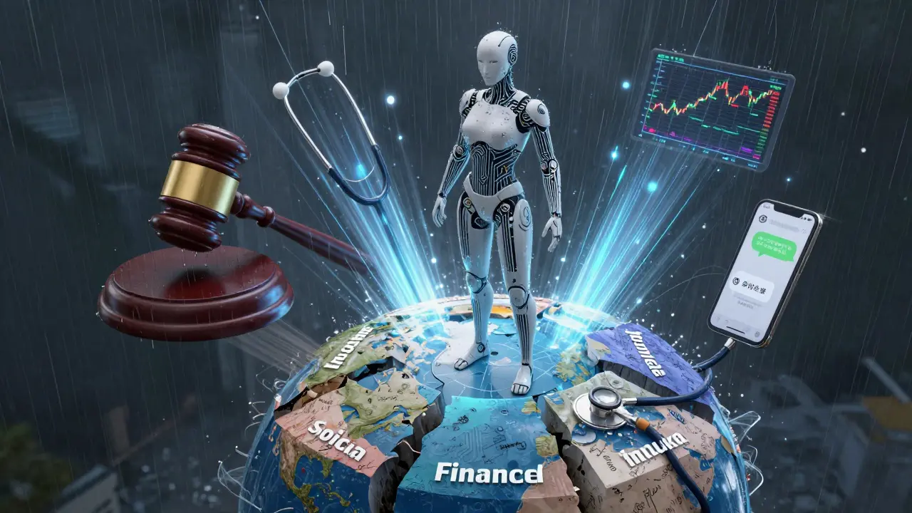 An AI model absorbing data streams from legal, medical, financial, social, and multilingual sources on a cracked globe.