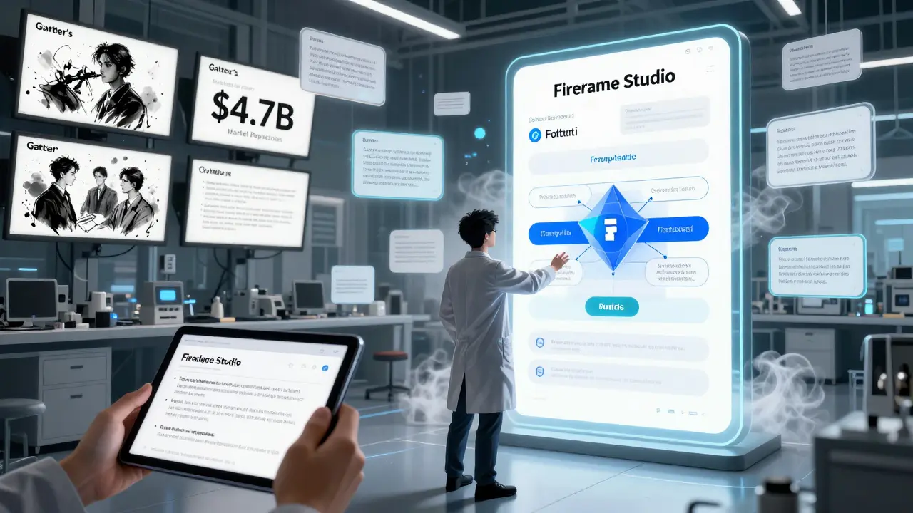 An AI researcher activates a portal where an app forms from data streams, in dark, high-contrast manga style.