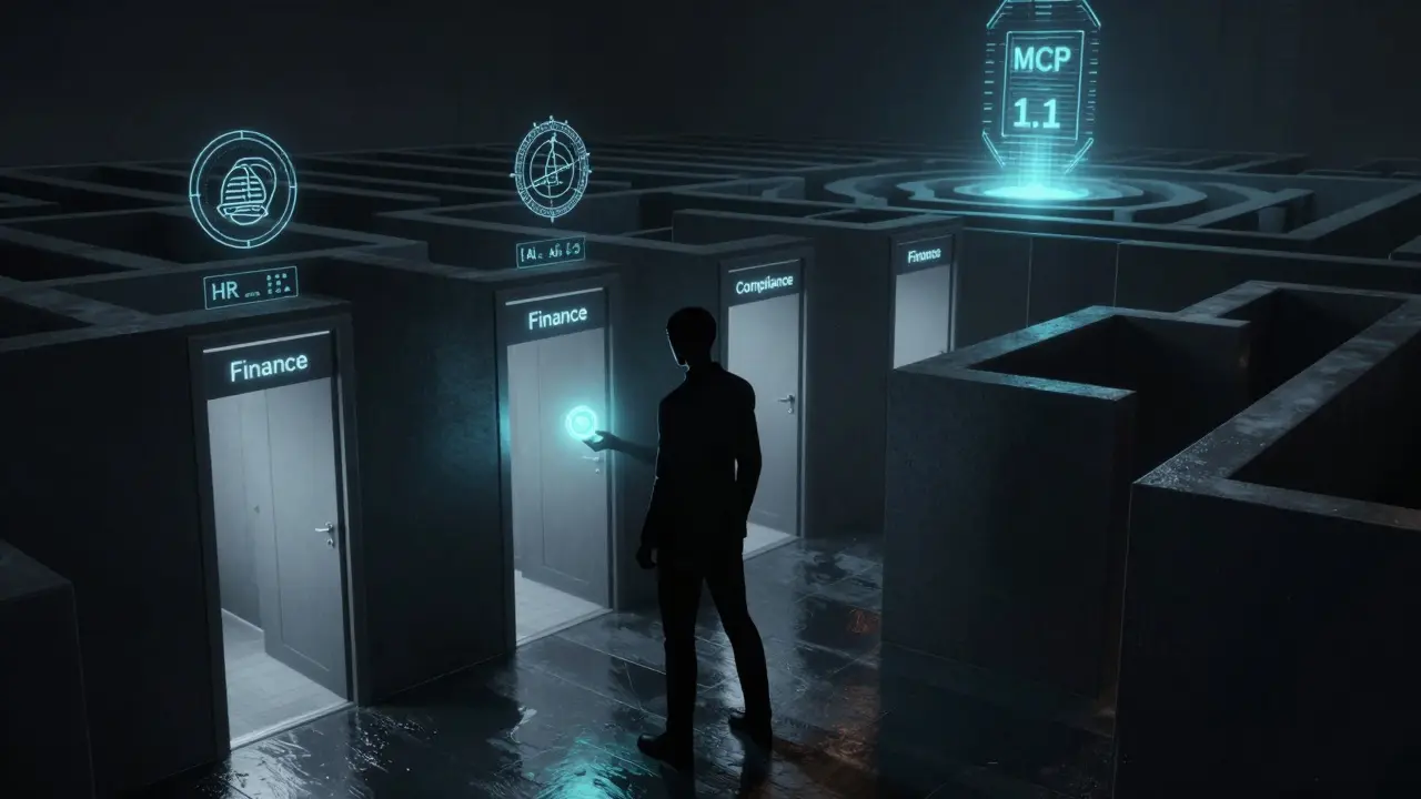 An autonomous AI agent navigating enterprise systems with MCP tokens unlocking compliance doors under regulatory symbols.