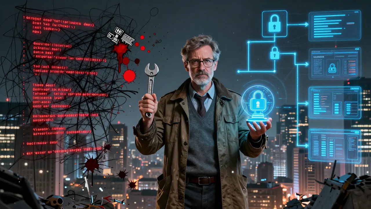 Chaotic unstructured code contrasts with clean, secure architecture as a senior engineer bridges the divide.