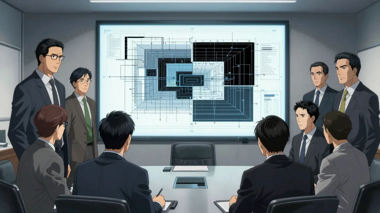 Corporate team reviewing holographic system architecture blueprints seriously.