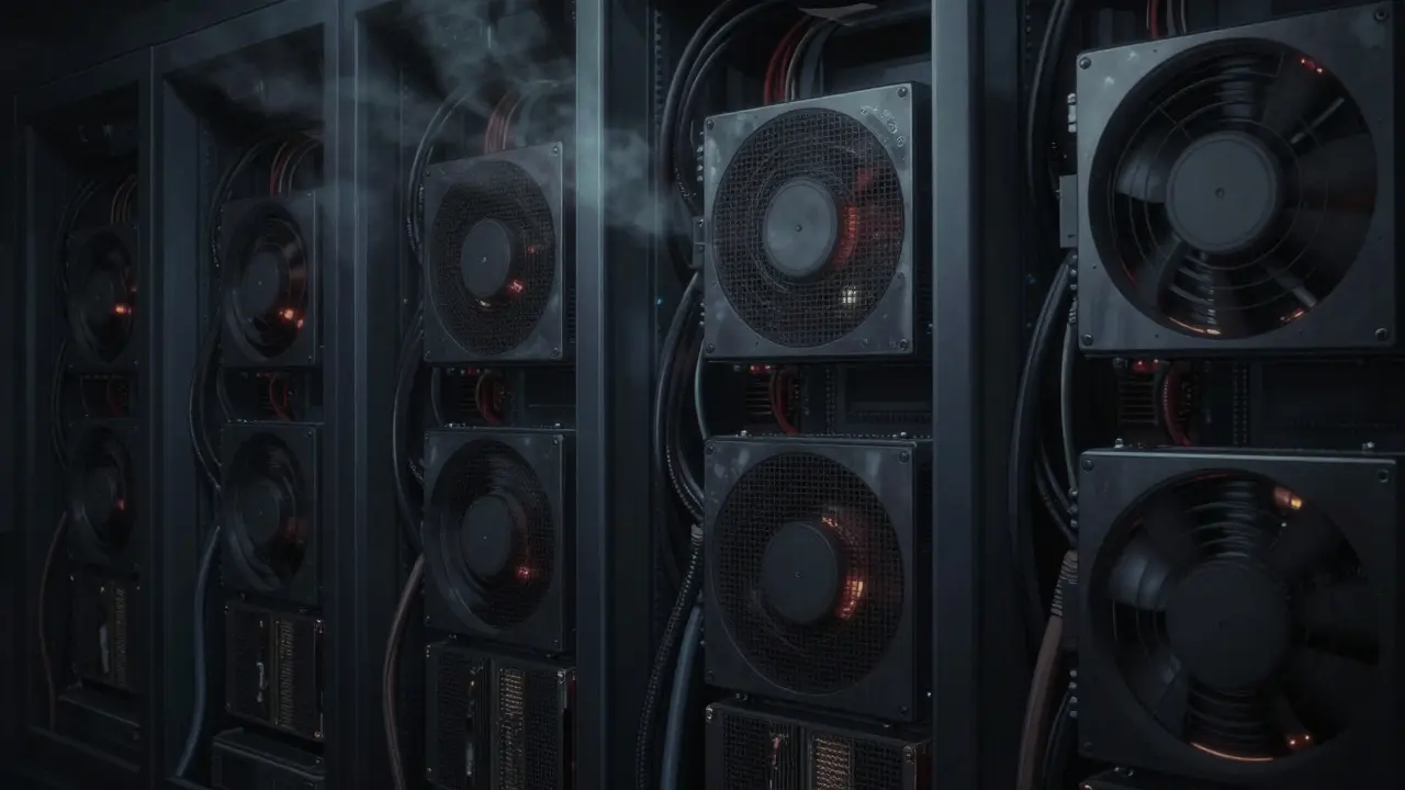 Dense GPU server racks with thermal glow and thick cabling.