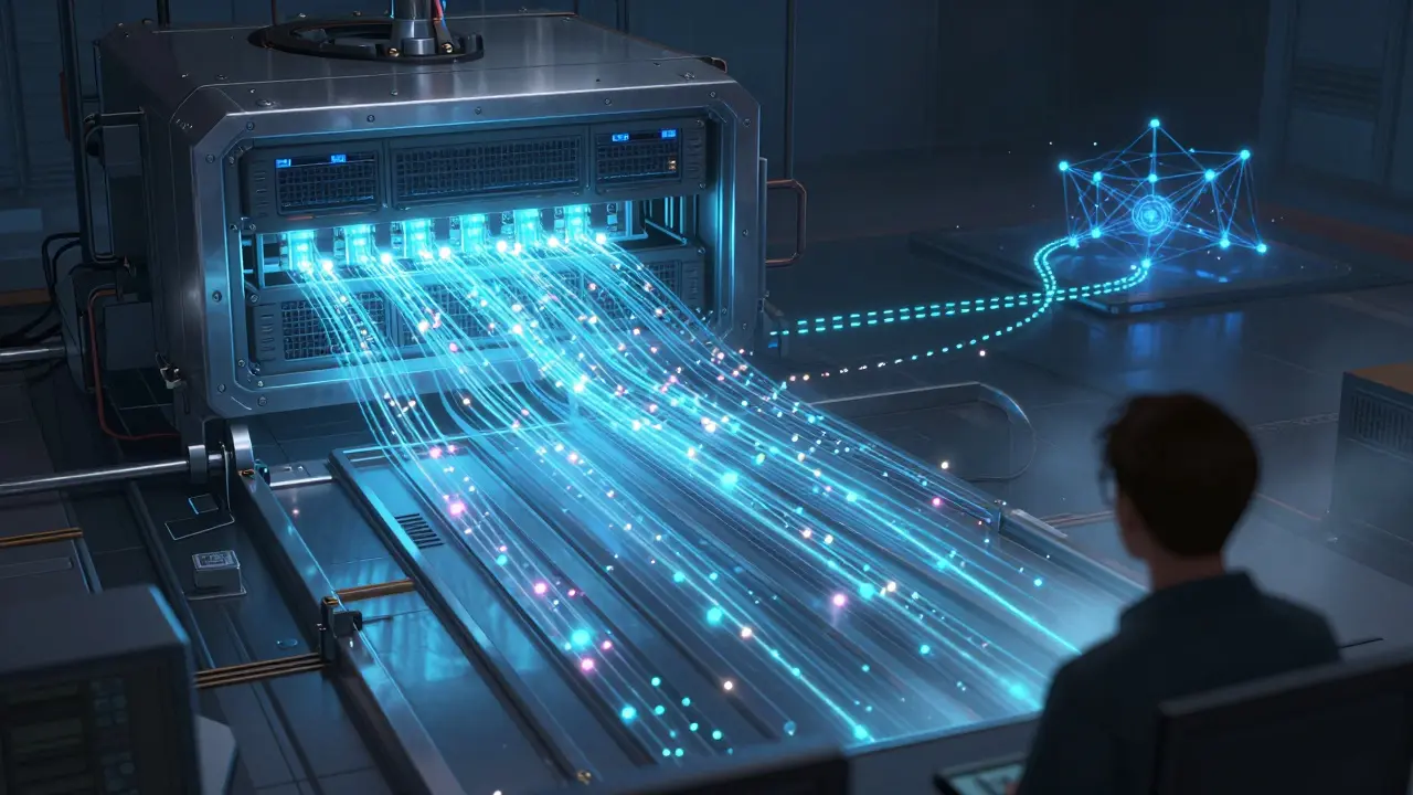 Digital routing gateway sorting data streams in dramatic lighting.