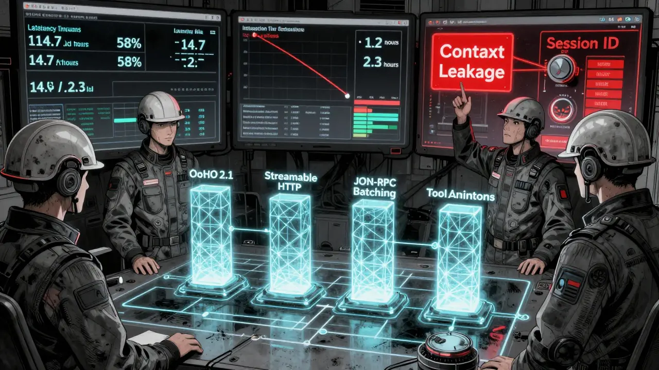 Engineers monitoring a holographic MCP protocol diagram with four technical pillars glowing in a corporate control room.