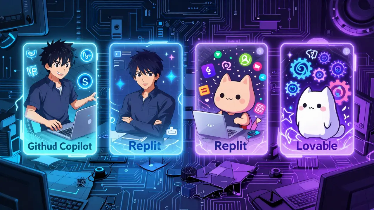 Four AI tools represented as floating panels above a desk, each with distinct visual symbols of their function.