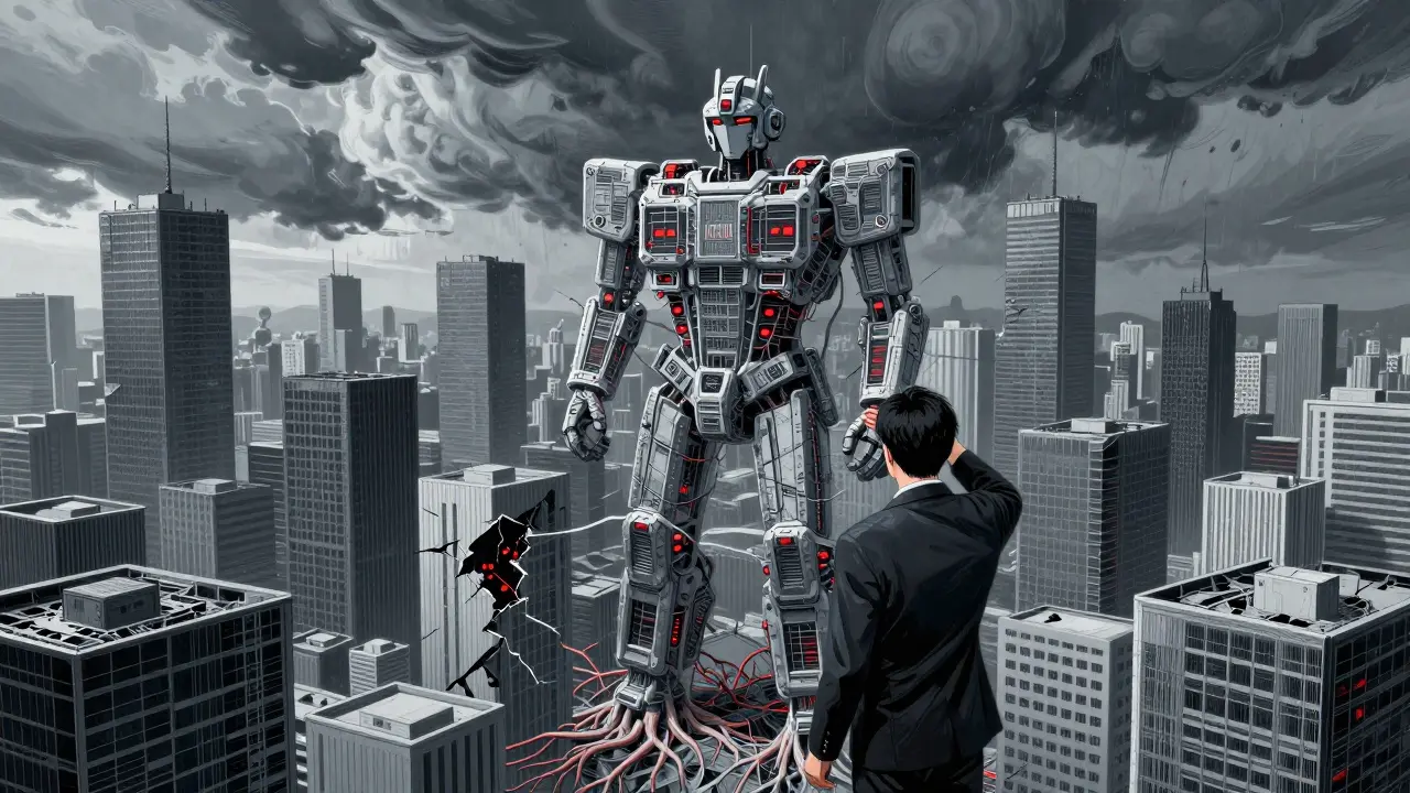 Futuristic city of data cracking apart during a severe weather storm