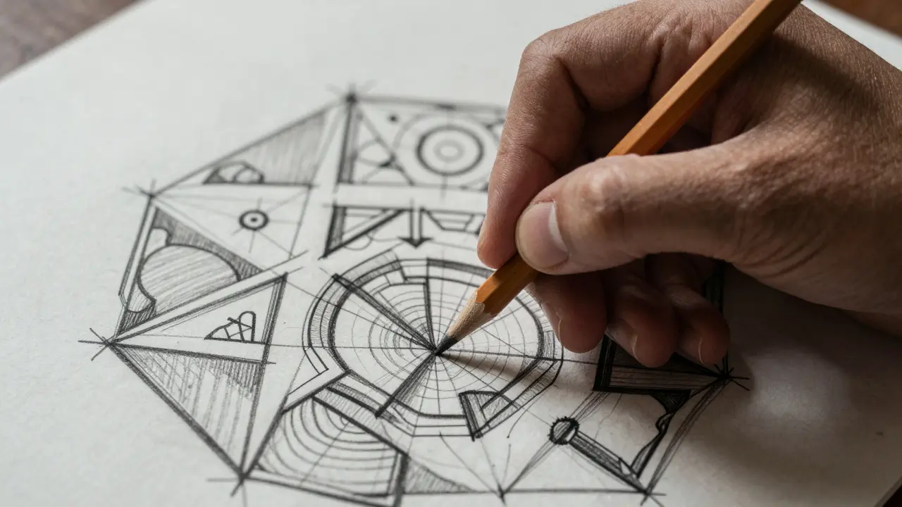 Hand holding pencil over complex geometric scratchpad.