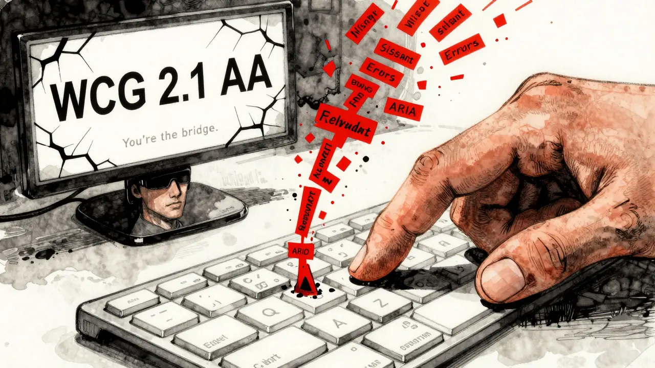 Hand pressing Enter as accessibility errors explode upward, while a screen reader user listens calmly below.