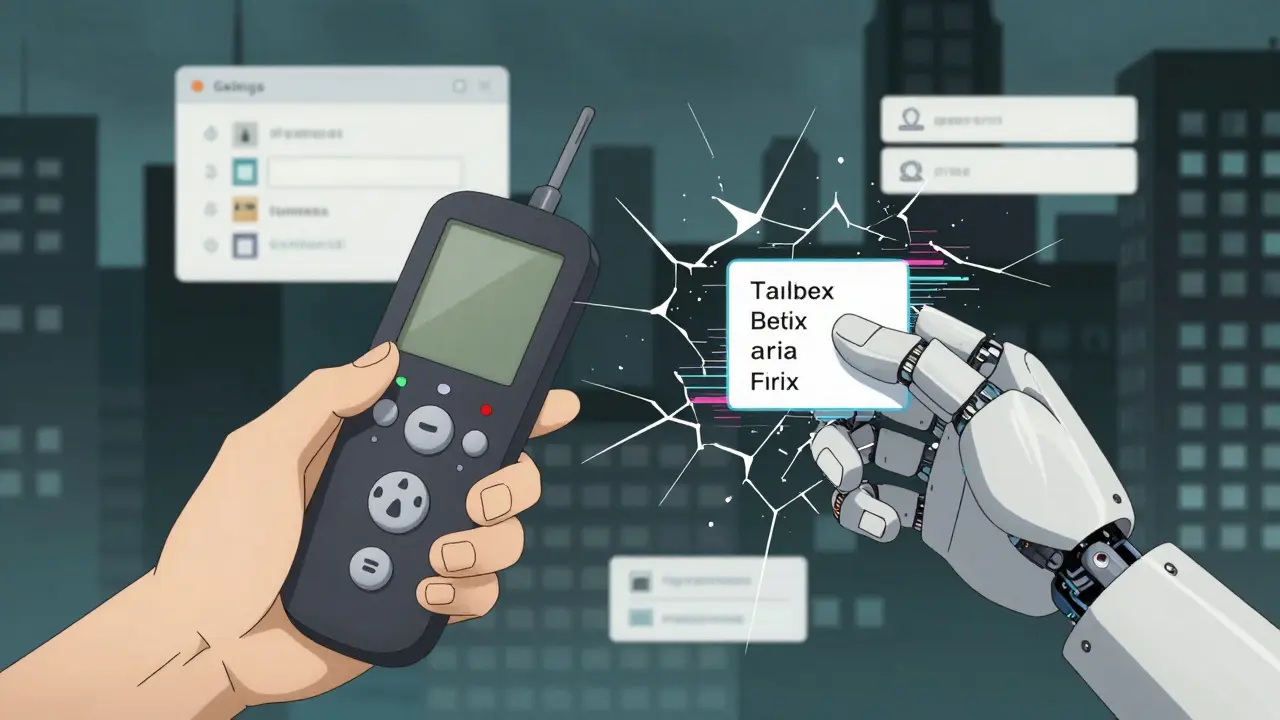 Human hand guiding a glitching AI hand generating inaccessible UI elements with missing accessibility attributes.