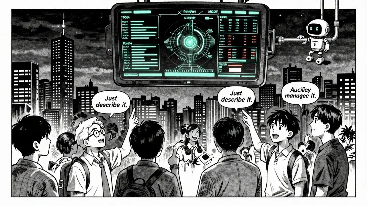 Non-technical users watching live sensor data on a floating dashboard at night.