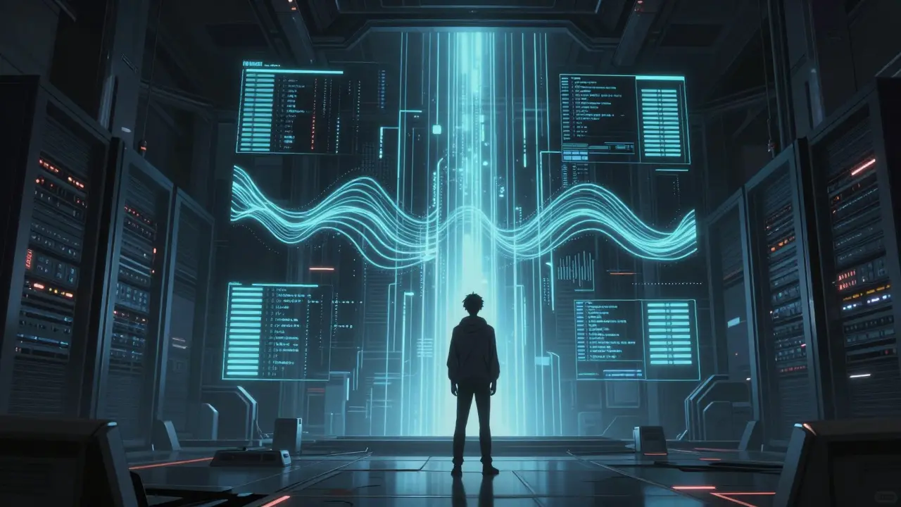 Person monitoring glowing data streams in server room.