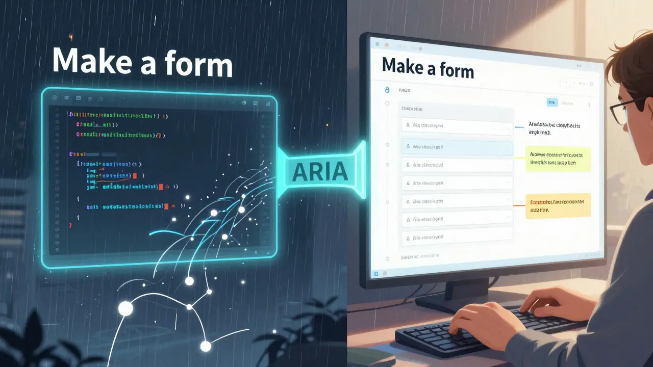Split scene: chaotic AI-generated form vs. properly labeled, accessible form with glowing ARIA connections.