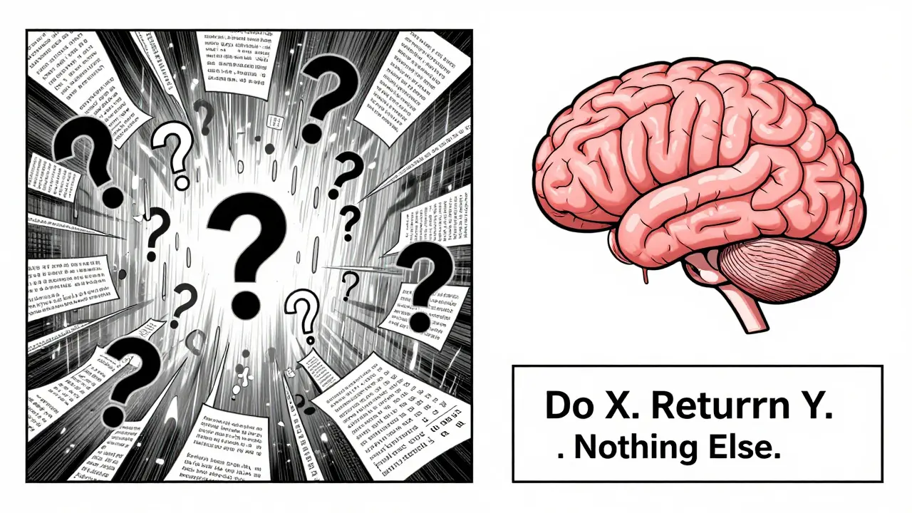 Split scene: chaotic AI output vs. clean, structured output from a precise prompt template in Gekiga style.