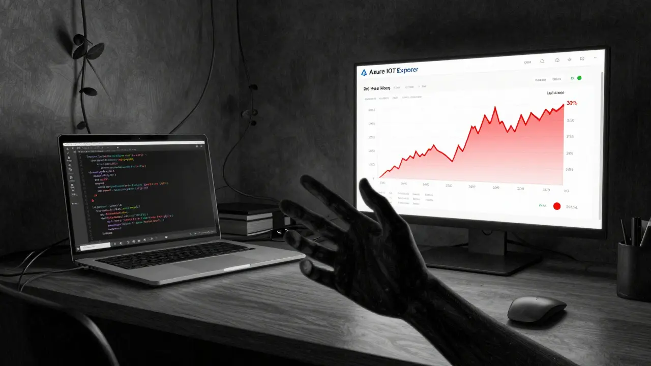 Split scene: messy coding desk on one side, clean IoT dashboard on the other.