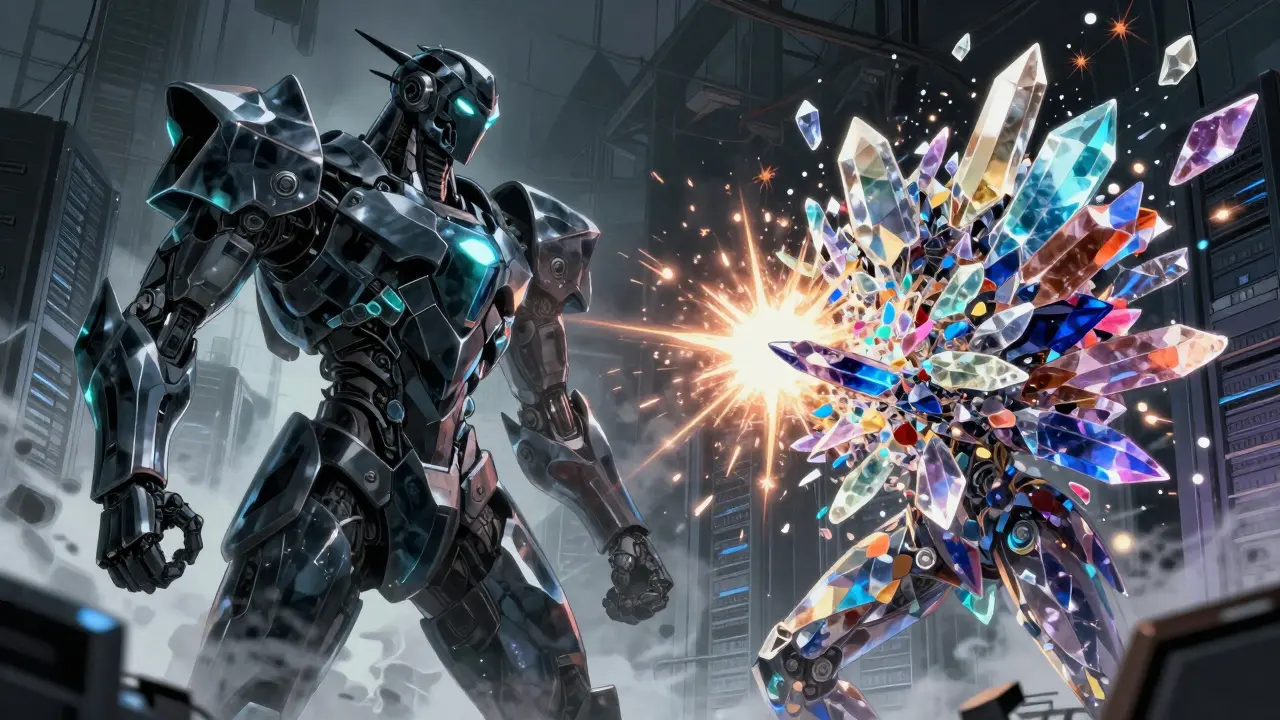 Stylized art contrasting solid block AI models with scattered open weights