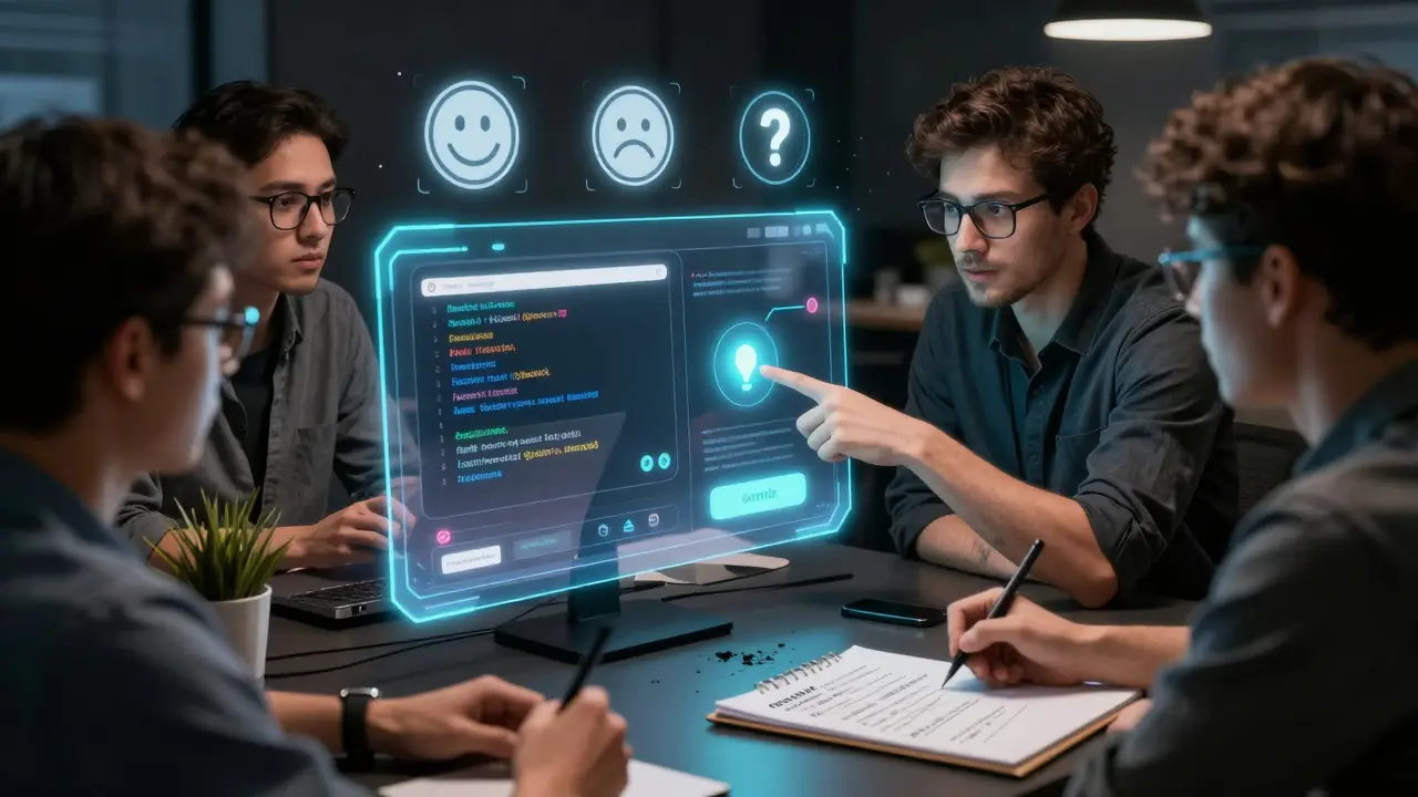 Team members observe a holographic user onboarding prototype as real-time feedback icons pulse above it in a dark workspace.
