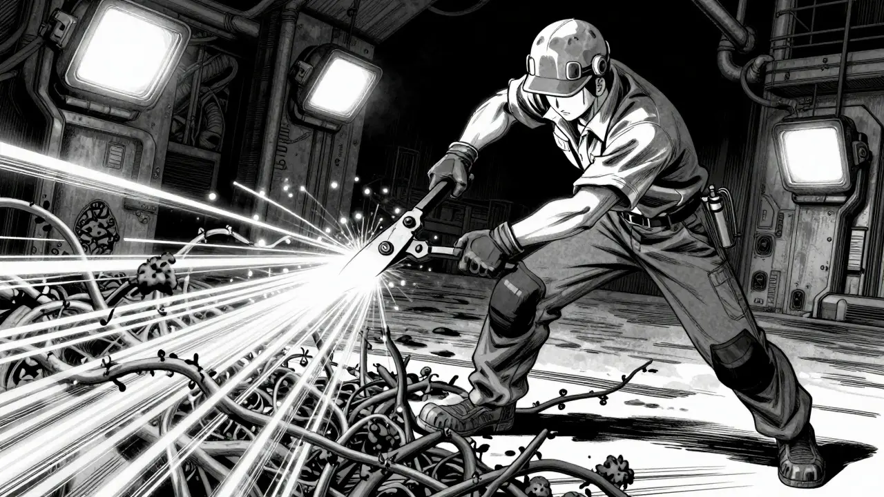 Worker pruning tangled glowing cables to reveal clean light pathways.