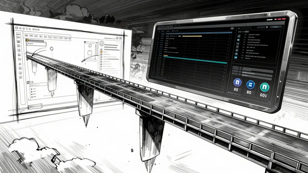 A conceptual bridge connecting a rough UI sketch to a finished digital dashboard