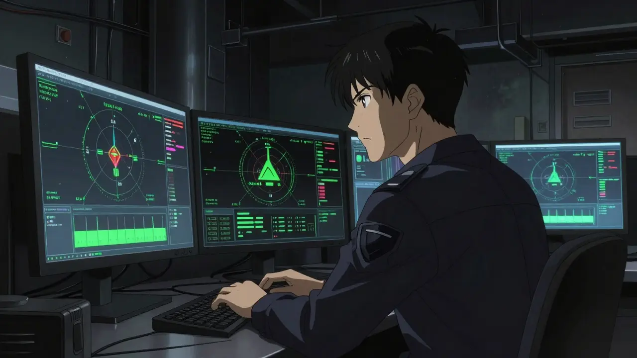 A cybersecurity expert analyzing adversarial testing data in a dark, industrial command center.