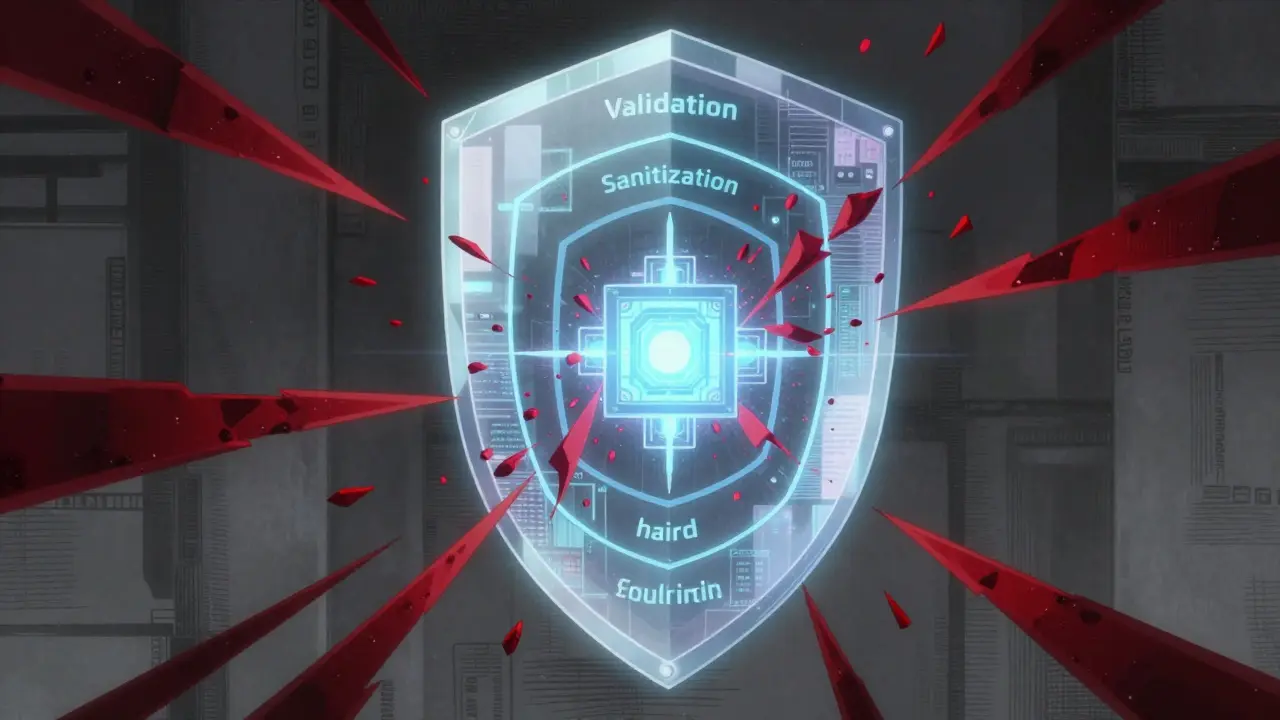 A digital shield with three layers of defense protecting an AI core from red data attacks.