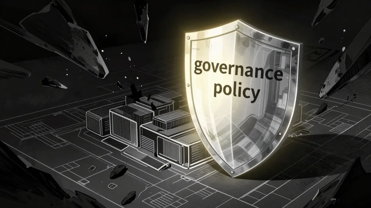 A glowing digital shield protecting a software blueprint from glitchy shards in Gekiga style.