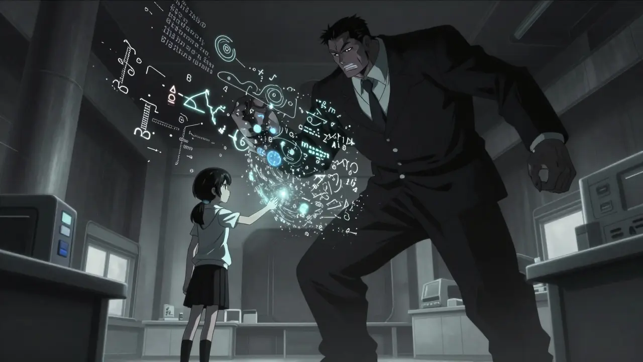 A large holographic teacher model training a smaller student model in Gekiga style