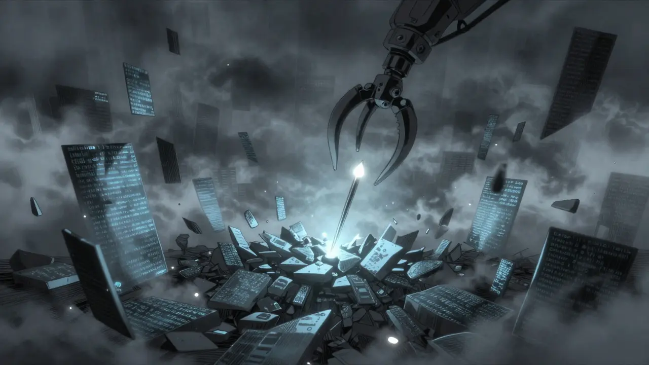 A mechanical claw retrieving a glowing needle from a vast sea of floating digital text shards.