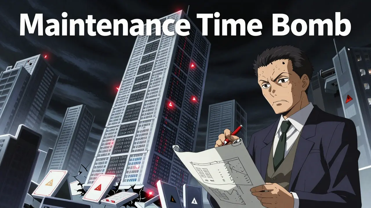 A precarious tower of cloned code blocks with security flaws being audited by an architect.