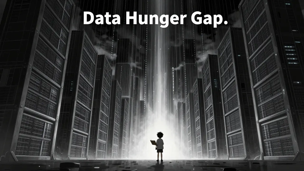 A small child standing before a massive tower of data servers under a dark sky.