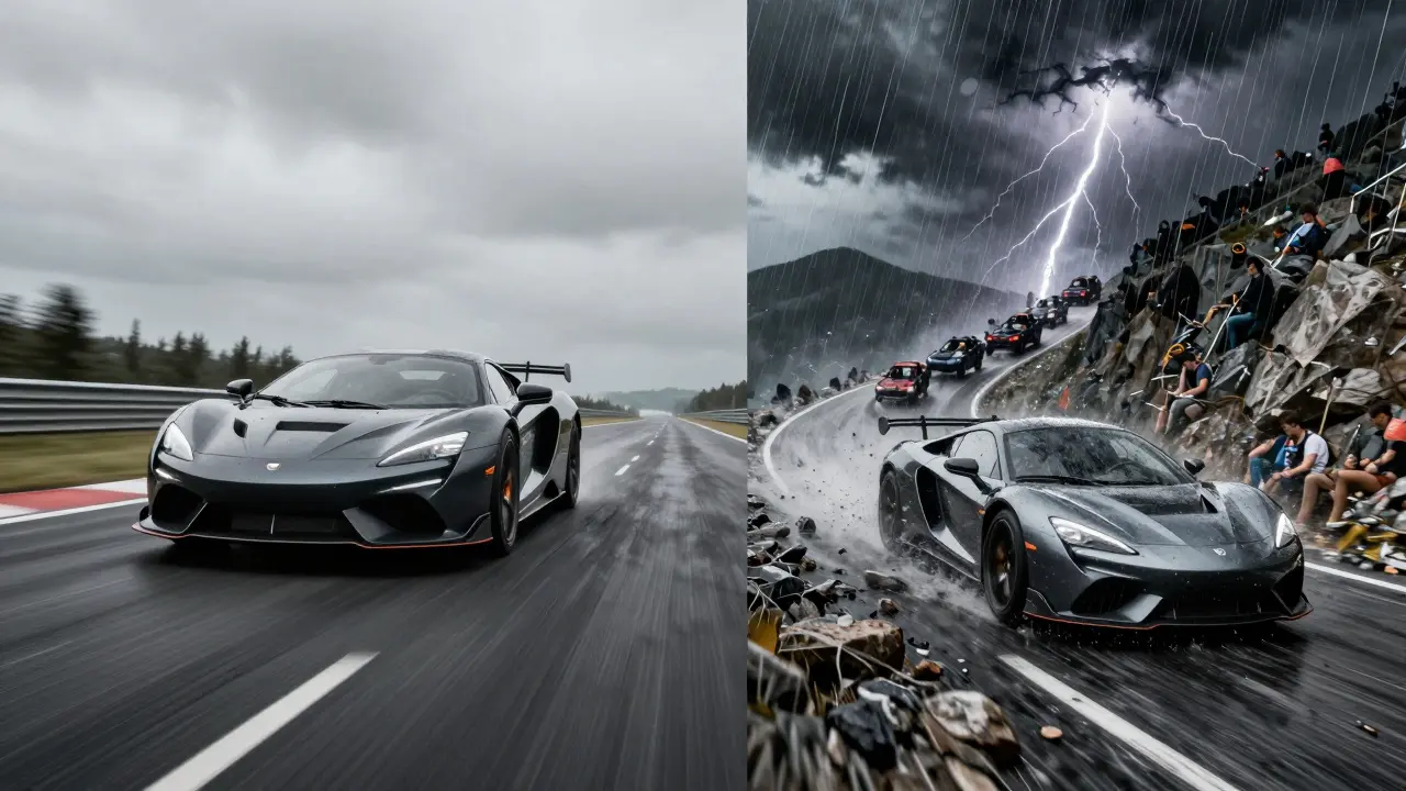 A split-screen comparing a car on a track versus a car struggling up a mountain in a storm.
