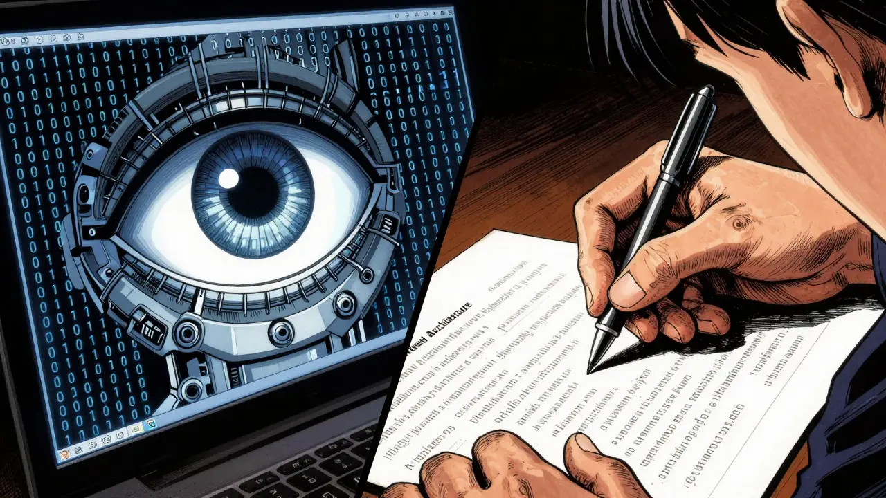 A split-screen comparison between an AI scanning data and a human hand correcting a document.