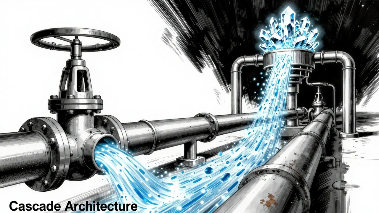 A technical industrial pipe system illustrating the AI cascade routing architecture.
