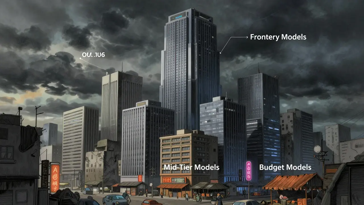 A tiered city representing frontier, mid-tier, and budget AI model categories.