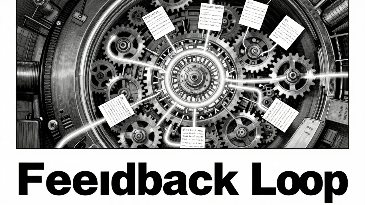 An industrial conceptual machine where human feedback is integrated into a neural network core.