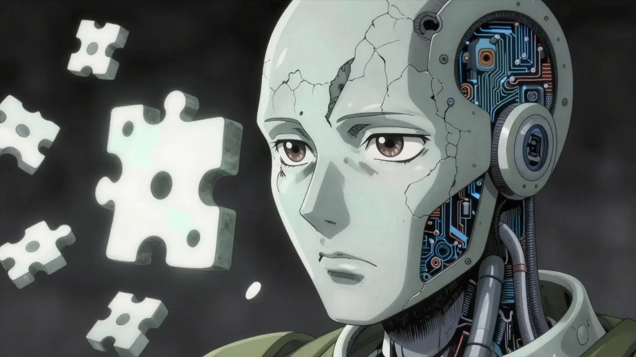 Close-up of a cracked robot face staring at a warping mathematical puzzle.