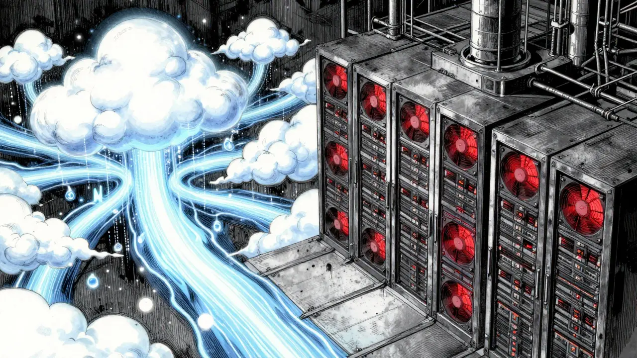 Contrast between an ethereal cloud network and a heavy industrial server fortress.