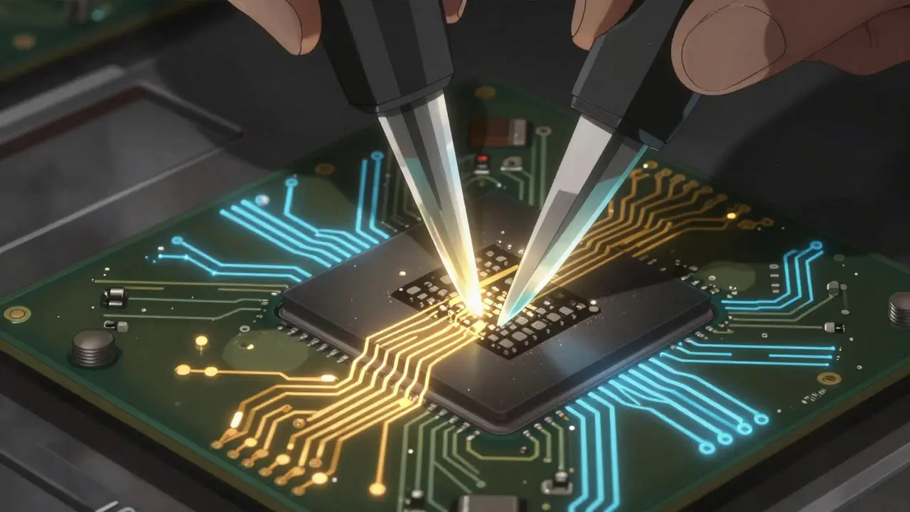 Digital circuits being pruned on a futuristic microprocessor in Gekiga style