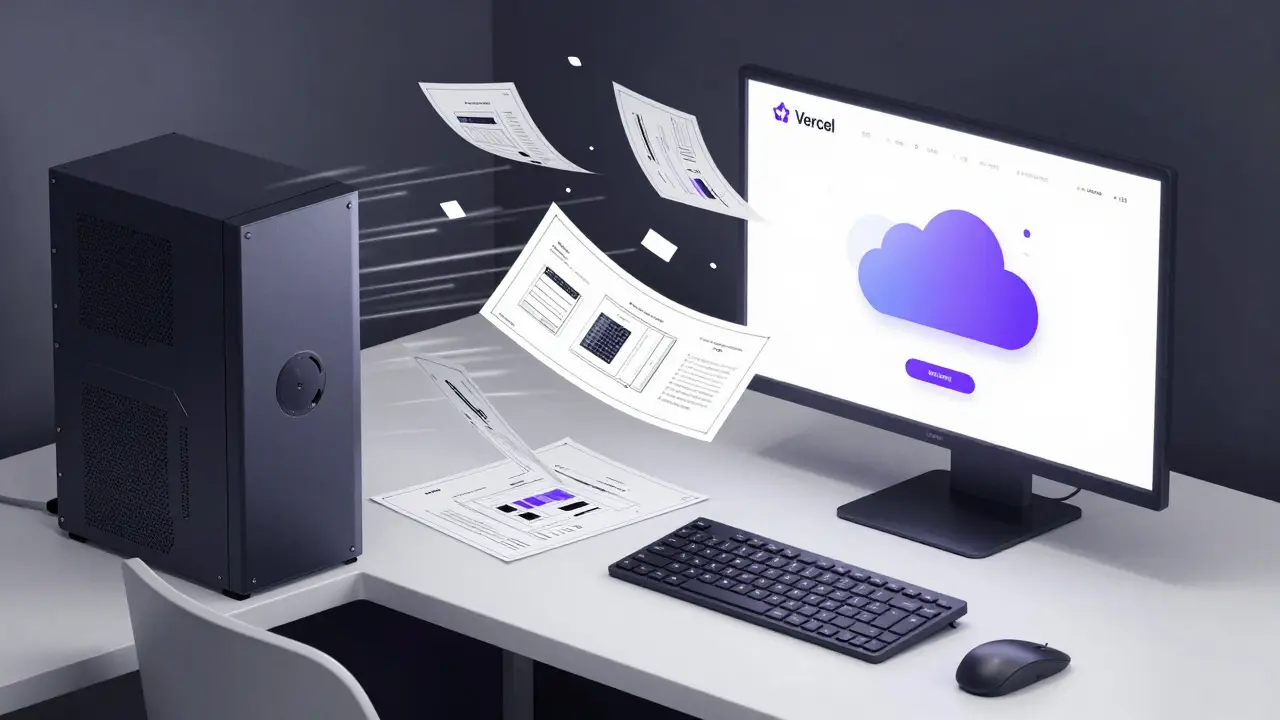 Digital code fragments flowing from blueprints into a cloud server deployment