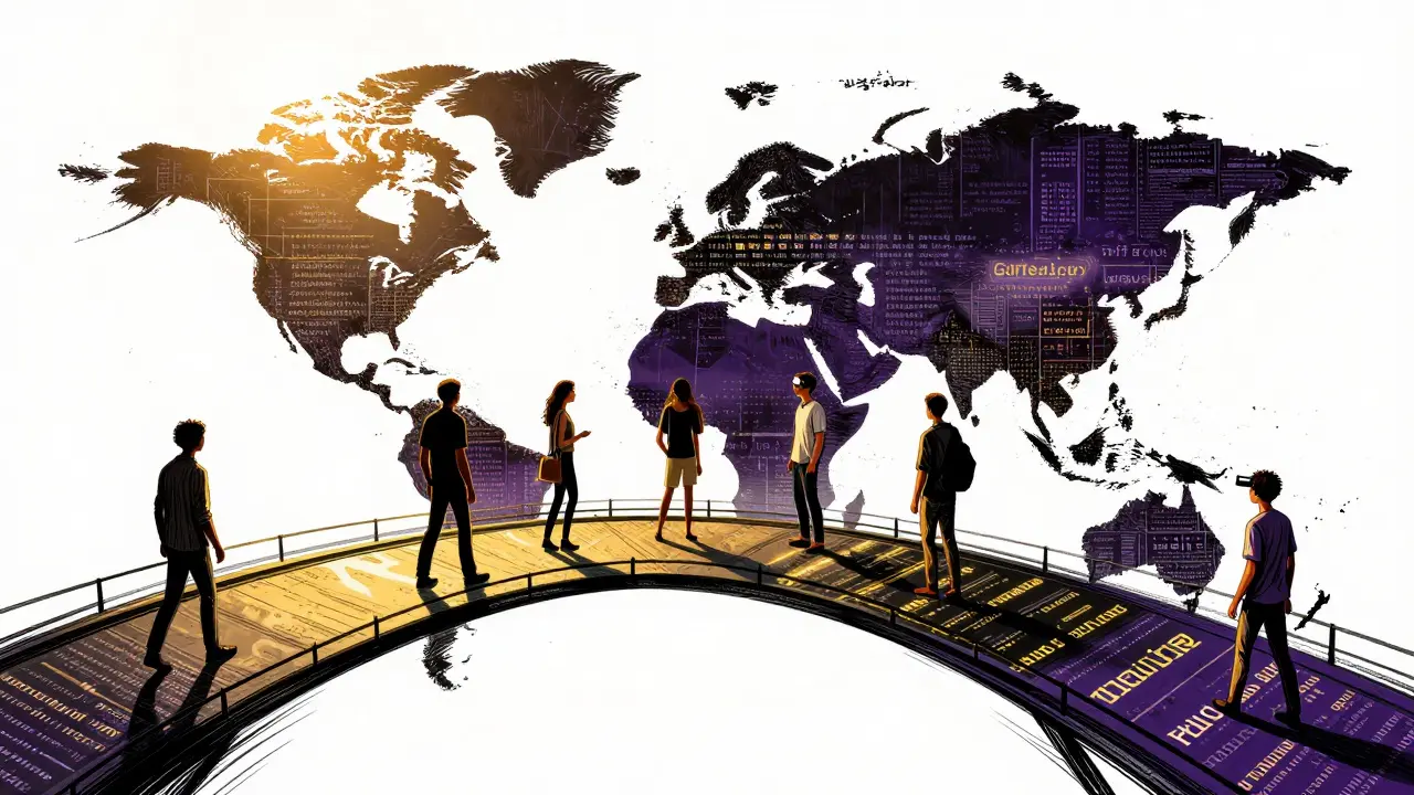 Diverse users crossing a bridge of accessible code toward a digital sunrise.