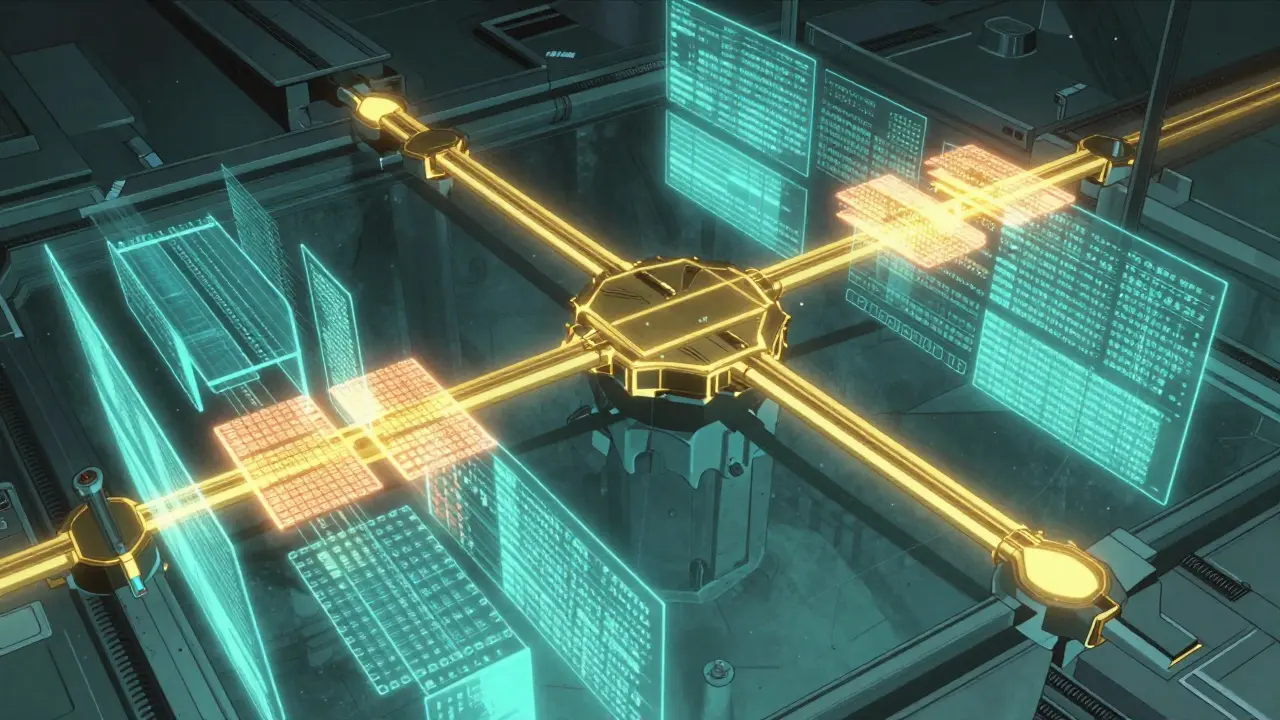 Holographic display showing intelligently segmented text blocks with golden overlaps