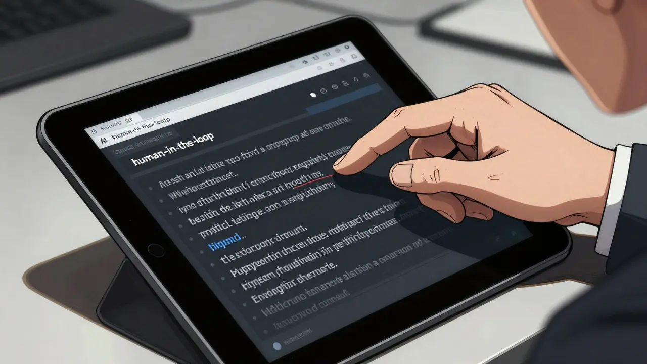 HR professional reviewing and editing AI-generated text on a tablet for bias control.