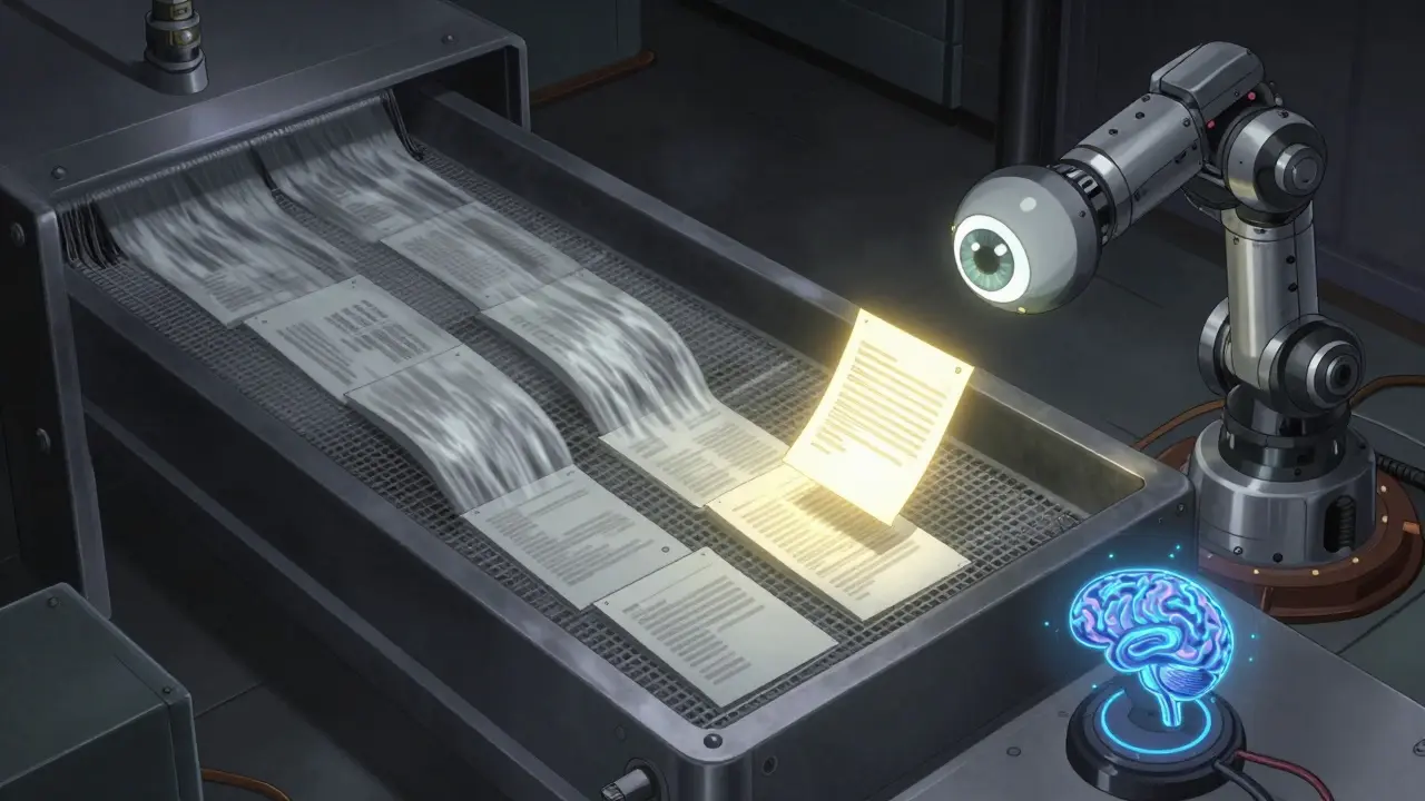 Industrial data filter and a robotic eye selecting gold documents in Gekiga style.