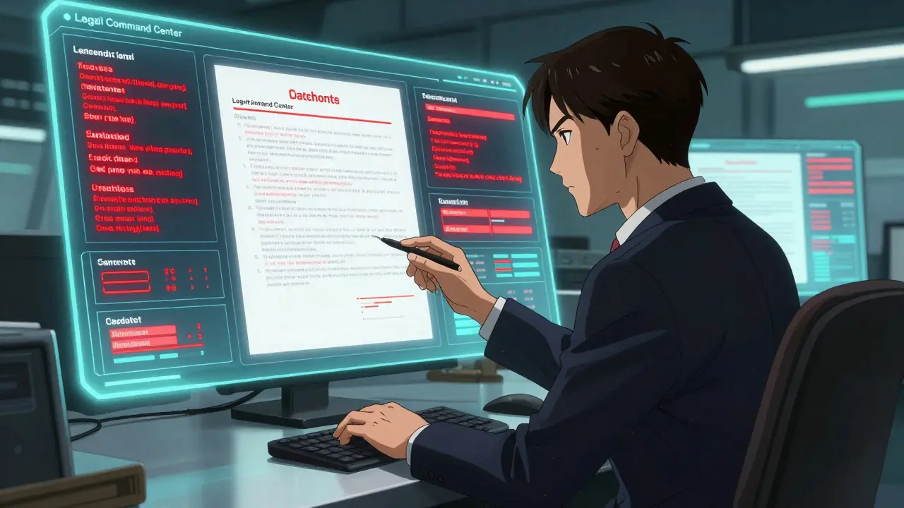Legal professional using a holographic command center to review redlined contracts.