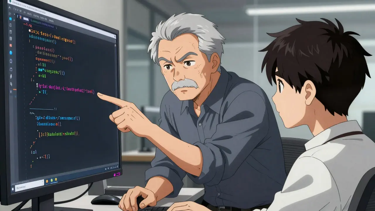 Senior engineer performing a strict code review with a junior developer in Gekiga style.